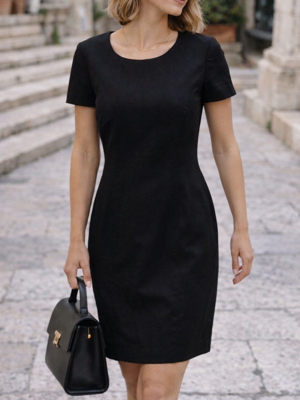 Vintage Black Sheath Dress 6P Shoulder Pads Lined Linen Blend Adolfo Studio 90s